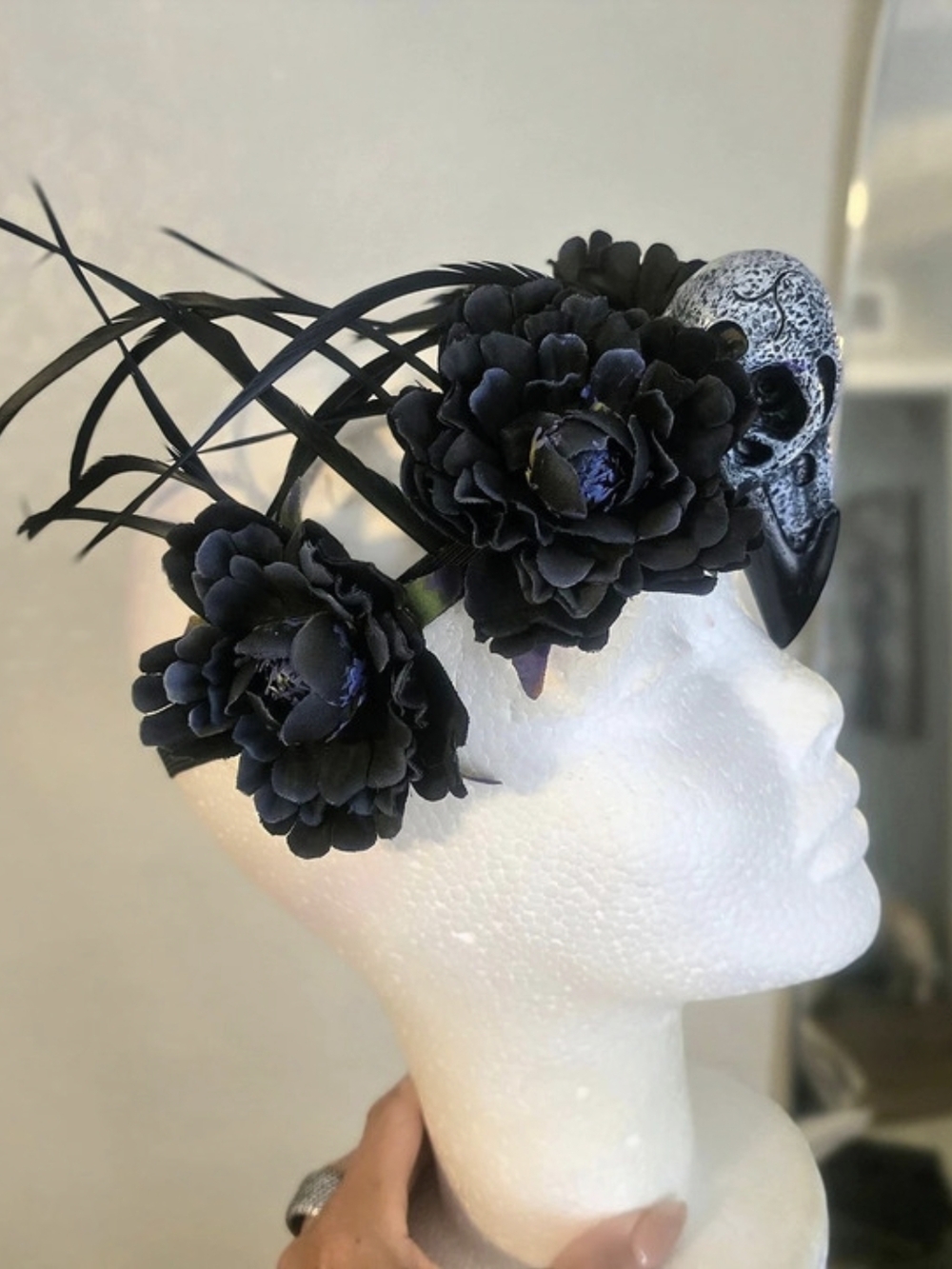 Black/Navy Gothic Raven Skull & Floral Headband NWOT - Picture 4 of 8